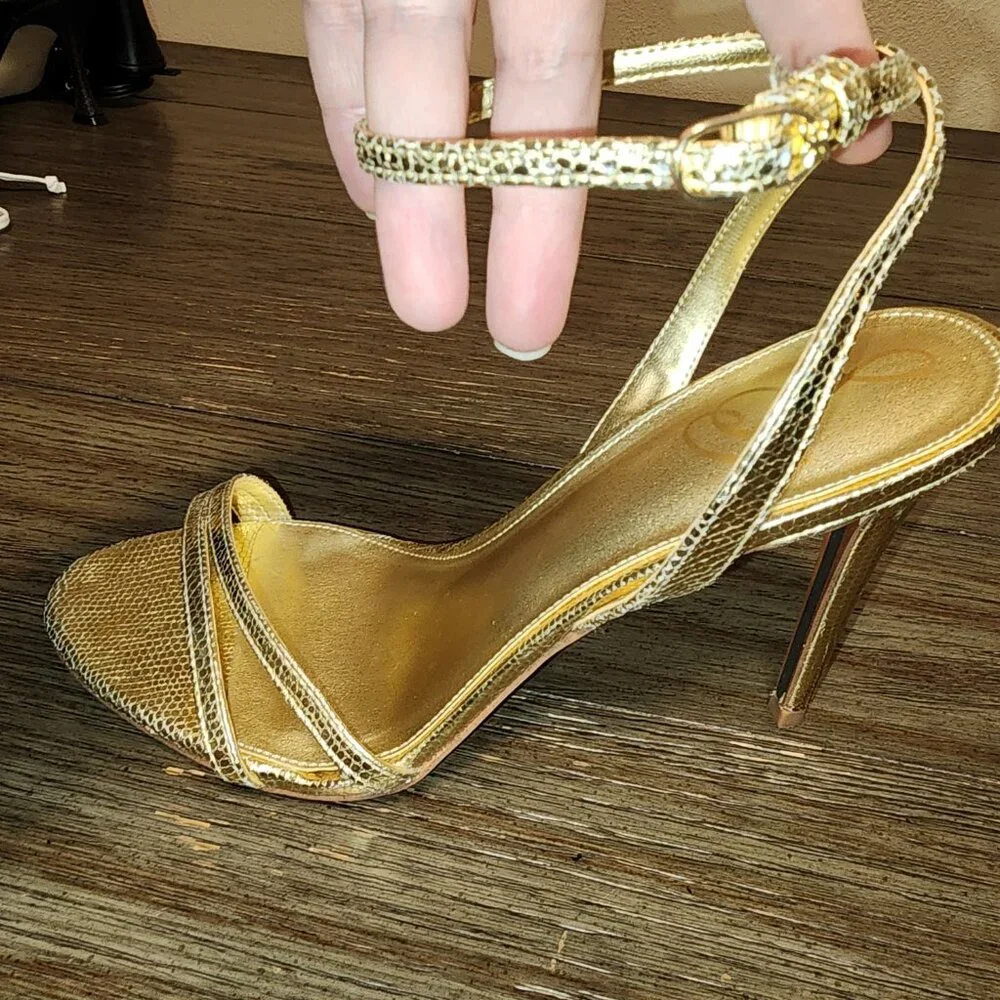 SAM EDELMAN Gemmie Strappy Stiletto Dress Sandals AMBER GOLD METALLIC 10M - Picture 13 of 13